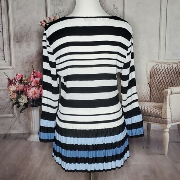 𝅺renuar Blue White Striped Pleated Round Neck Long Bell Sleeves Blouse Size M - Picture 7 of 10